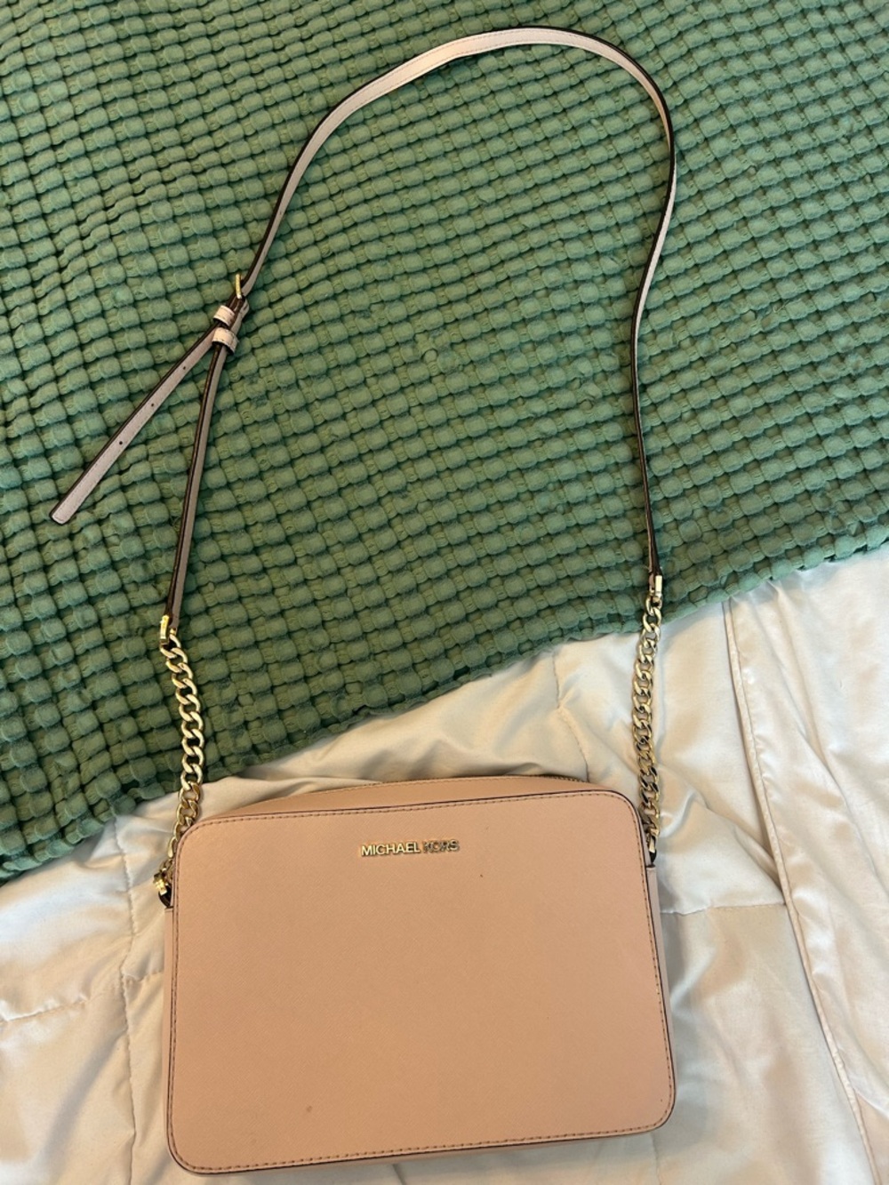 Michael Kors Pink Saffiano Leather Crossbody with Gold Chain
